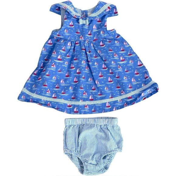 Jojo Maman Bebe Baby Girls Dress & Bloomer Nautical Bubble Outfit. 0-3 Months.